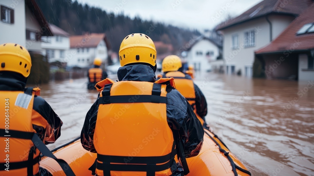 A team in yellow helmets navigates a flooded area in a rescue boat ...