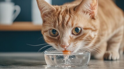 Description: A close-up of a curious orange tabby cat drinking from a small dish, highlighting its playful nature and vibrant eyes.