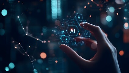 Aufkleber - A hand holding an AI icons representing technology and security on a black background.