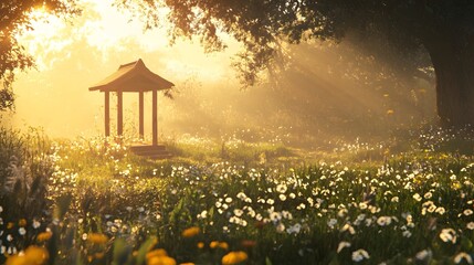 2. A picturesque scene featuring a natural beauty podium surrounded by a lush field of wildflowers and tall grass, bathed in soft sunlight for an inviting atmosphere