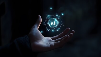 Aufkleber - A hand holding an AI icons representing technology and security on a black background.