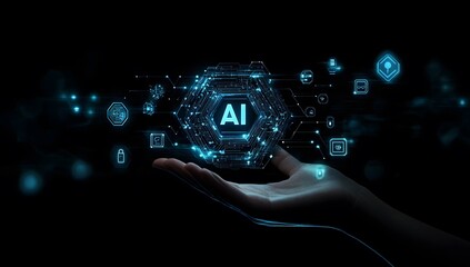 Aufkleber - A hand holding an AI icons representing technology and security on a black background.