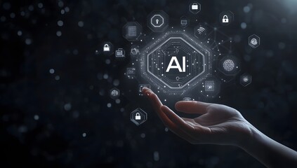 Aufkleber - A hand holding an AI icons representing technology and security on a black background.