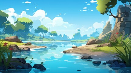 Wall Mural - Tranquil River Scene with Lush Green Foliage and Blue Skies