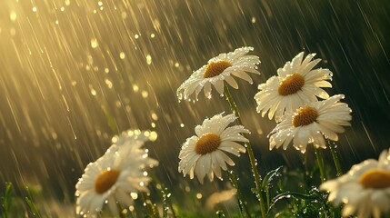 Sticker - Close-up of four daisies with rain drops glistening in the sunlight.