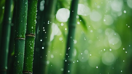 Sticker - Closeup of green bamboo stalks with water droplets and blurred background.