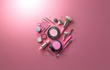 A collection of pink makeup products and brushes arranged on a pink background, surrounded by gold stars.