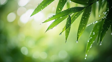 Sticker - Close-up of green leaves with water droplets against a blurred green background.