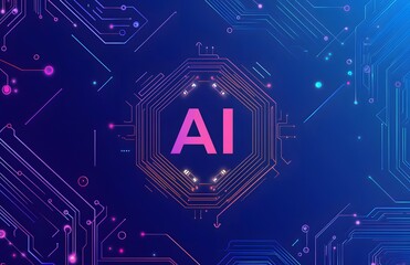Aufkleber - AI and circuit board patterns in purple, on a blue background