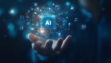 Poster - A person holding an AI cube with various icons and symbols floating around it, representing the use of artificial intelligence in business.