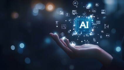 Poster - A person holding an AI cube with various icons and symbols floating around it, representing the use of artificial intelligence in business.