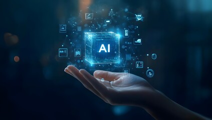 Poster - A person holding an AI cube with various icons and symbols floating around it, representing the use of artificial intelligence in business.