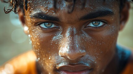 Wall Mural - Close-up portrait of a young man with blue eyes and wet skin.