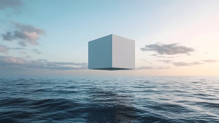 4. a surreal 3d rendering of a floating white cube podium above a vast ocean, with an abstract minim