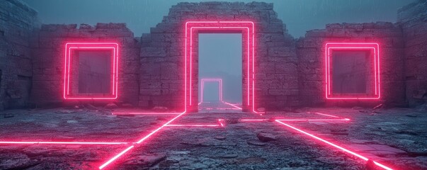 Wall Mural - Neon Lights in Abandoned Stone Building.