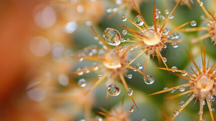 Sticker - Close-up of water droplets on cactus spines with a blurred background.