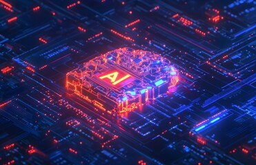 Poster - A vibrant and detailed illustration of an AI brain made from circuit boards, with the text AI in bold letters beside it.