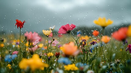 Sticker - Colorful wildflowers blooming in a field during a light rain shower.