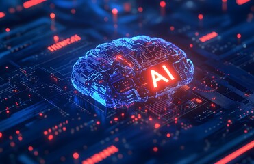 Poster - A vibrant and detailed illustration of an AI brain made from circuit boards, with the text AI in bold letters beside it.