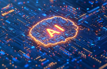 Poster - A vibrant and detailed illustration of an AI brain made from circuit boards, with the text AI in bold letters beside it.