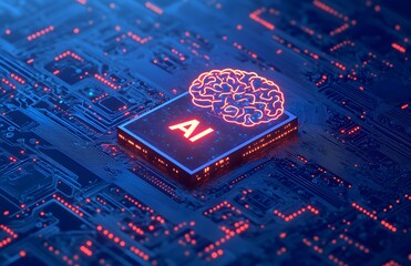 Poster - A vibrant and detailed illustration of an AI brain made from circuit boards, with the text AI in bold letters beside it.