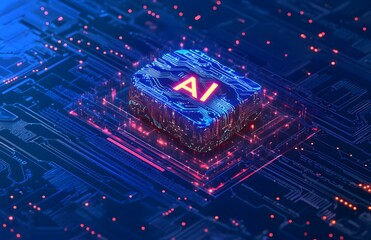 Poster - A vibrant and detailed illustration of an AI brain made from circuit boards, with the text AI in bold letters beside it.
