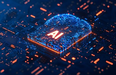 Poster - A vibrant and detailed illustration of an AI brain made from circuit boards, with the text AI in bold letters beside it.