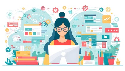 Empowered female developer immersed in coding, surrounded by digital elements and web development tools