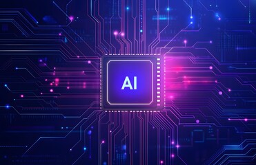 Poster - abstract futuristic background with a chip and the text ai on a blue digital circuit board, an ai te