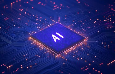 Poster - abstract futuristic background with a chip and the text ai on a blue digital circuit board, an ai te