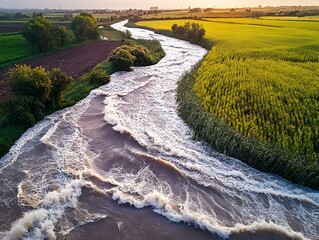 Poster - Scenic River Flowing Through Green Fields at Sunset