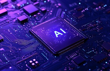 Poster - Abstract futuristic background with a chip and the text AI on a blue digital circuit board, an AI technology concept 