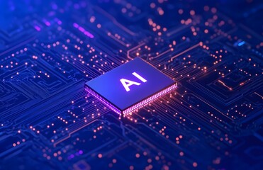 Poster - Abstract futuristic background with a chip and the text AI on a blue digital circuit board, an AI technology concept 
