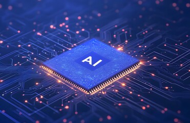 Poster - Abstract futuristic background with a chip and the text AI on a blue digital circuit board, an AI technology concept 