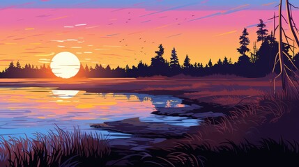 Wall Mural - Sunset Over a Lake with Silhouetted Trees and Grass in the Foreground