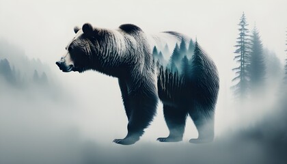 Wall Mural - Mystical double exposure of a bear silhouette within a foggy forest, evoking a sense of allure and enigma