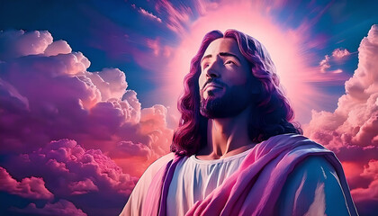 Jesus Christ in front of an purple light background