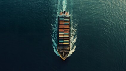 Aerial view of cargo ship with containers sailing in open sea, top down perspective. Concept for global business and international container transport, global trade