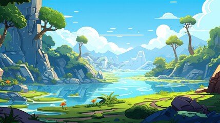 Wall Mural - A scenic landscape with a blue lake, green grass, and rocky cliffs under a bright sky.