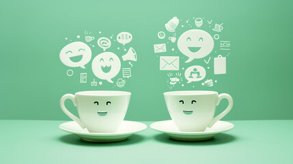 Two coffee cups with smiling faces and speech bubbles representing communication and social interaction