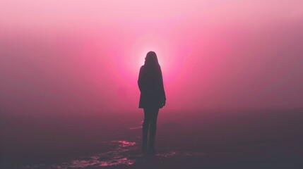 Wall Mural - A solitary figure stands against a striking pink sunset, casting a dramatic silhouette. The dreamy atmosphere captures a moment of serenity and reflection, enhanced by the glowing light of dusk.