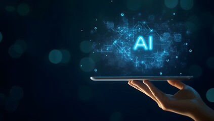 Poster - Digital hand holding a tablet with glowing text AI on a dark background, a digital technology concept for artificial intelligence and machine learning in business.