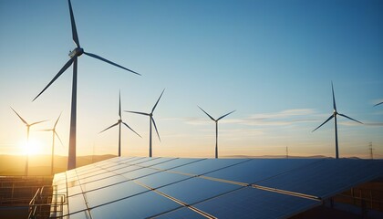 Wall Mural - Futuristic landscape of wind turbines and solar panels under a vivid sky symbolizing sustainable energy solutions