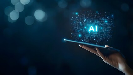 Poster - Digital hand holding a tablet with glowing text AI on a dark background, a digital technology concept for artificial intelligence and machine learning in business.