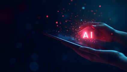 Poster - Digital hand holding a tablet with glowing text AI on a dark background, a digital technology concept for artificial intelligence and machine learning in business.