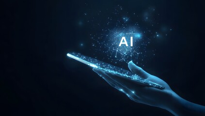 Poster - Digital hand holding a tablet with glowing text AI on a dark background, a digital technology concept for artificial intelligence and machine learning in business.