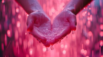 Wall Mural - Cupped hands forming a heart shape under pink and glowing light, catching rain droplets. The luminous water and blurred background create a dreamy, intimate mood, symbolizing care and connection.