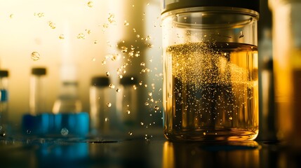 Microscopic view of glowing particles decaying into smaller fragments, symbolizing particle decay in a physics lab setting with scientific instruments and equipment in the background