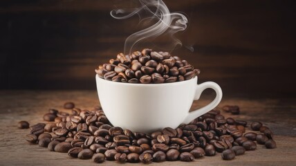 Aromatic coffee beans in a white cup with smoky swirls rising, set on a wooden surface