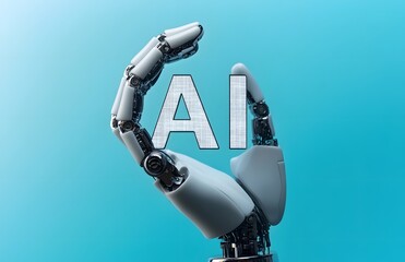 Poster - Robot hand holding the word AI with an icon for artificial intelligence 